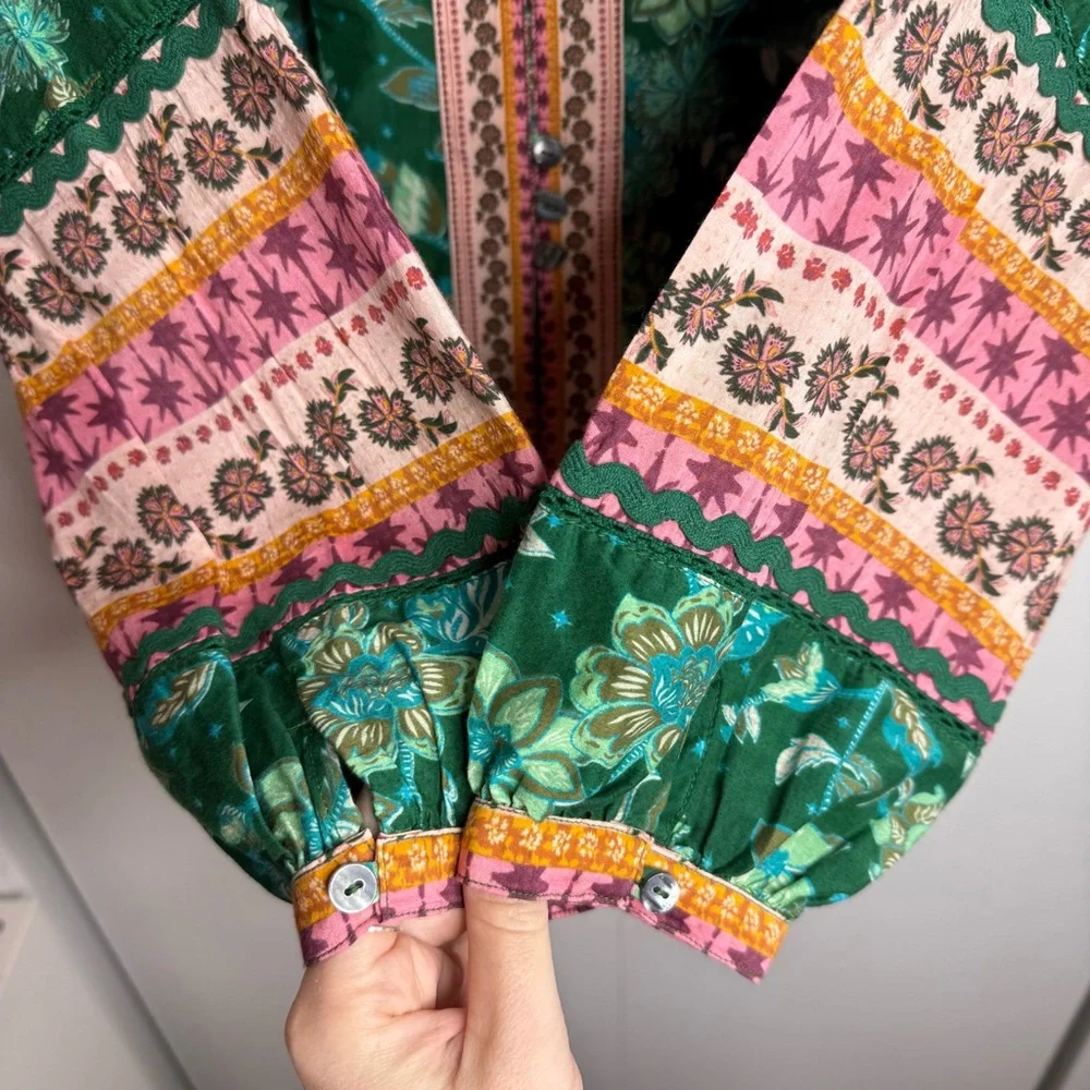 Sundance Arvilla Cotton/Silk Top Jade Floral Bohemian Blouse NWOT Size Small - Picture 7 of 9